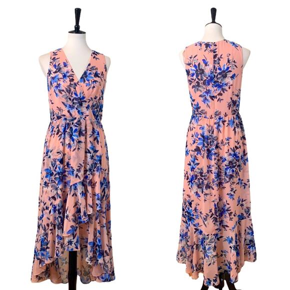 Eliza J Pink Blue Floral Hi Low Flowy Wrap Maxi Dress Sleeveless Women's Size 10 - Picture 10 of 10